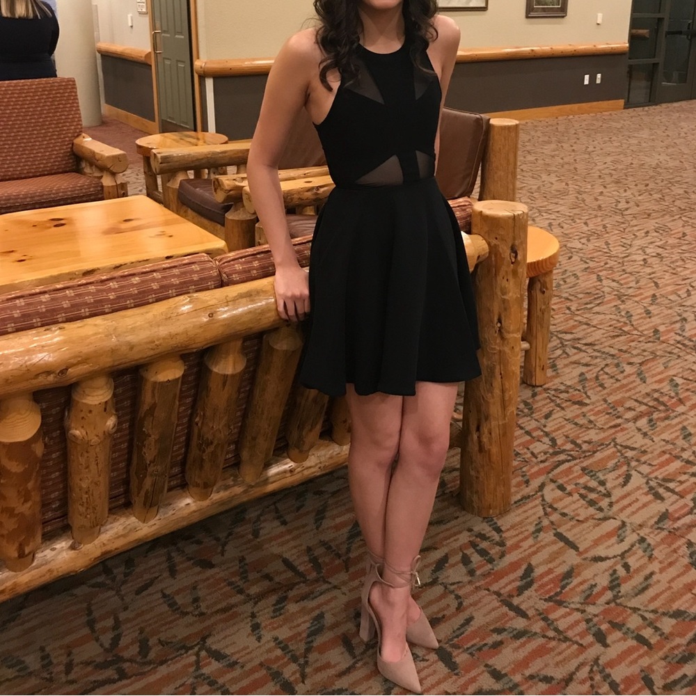 GB black flow Prom dress, very nice fabric with sheer, worn once for homecoming,